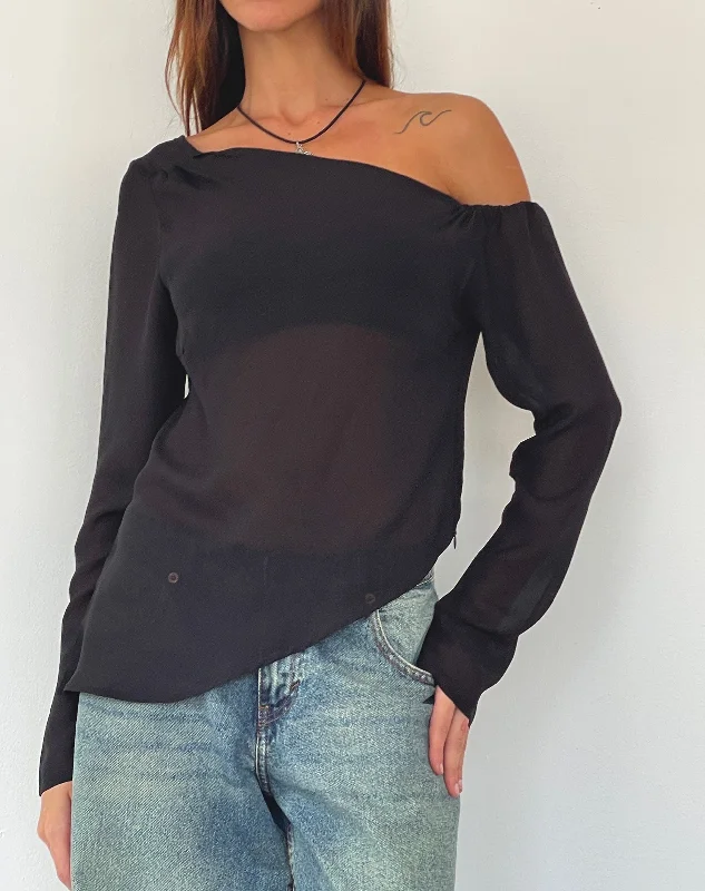 Mock Neck Women Long Sleeve Top for a Modern AestheticRiot Asymmetric Longline Top in Black Chiffon