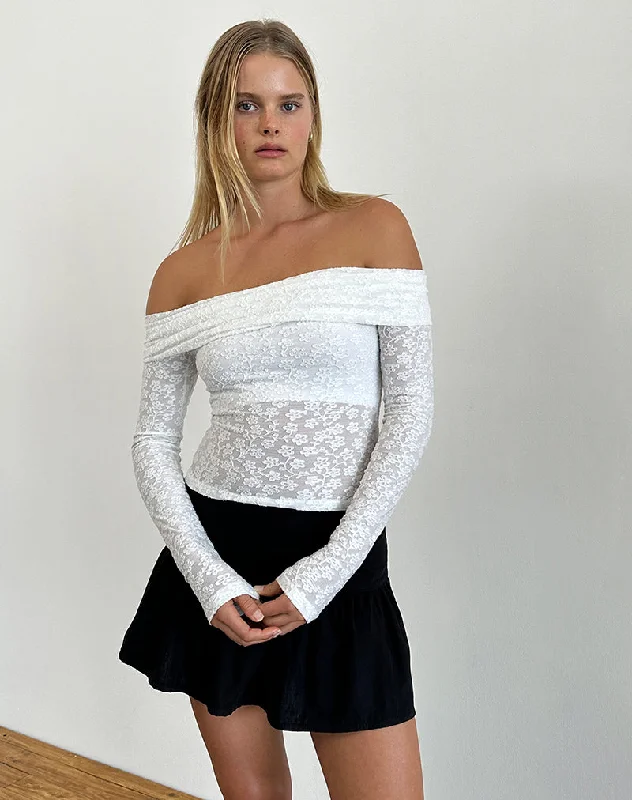 Lace - Trimmed Women Long Sleeve Top for an Elegant LookNesta Bardot Top in Burnout Mesh Ivory