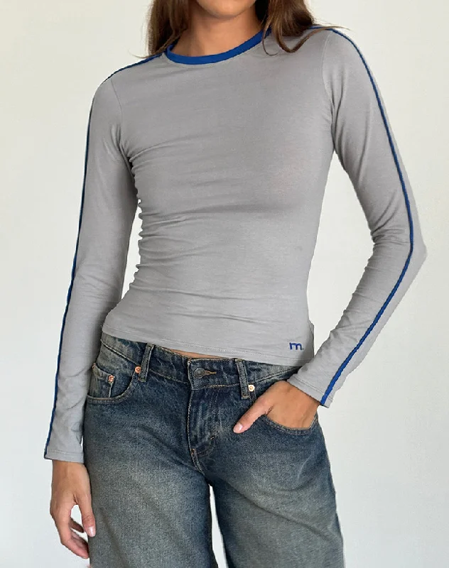 Turtleneck Women Long Sleeve Top for Cold Winter DaysBonija Long Sleeve Top in Grey with Cobalt Blue Piping