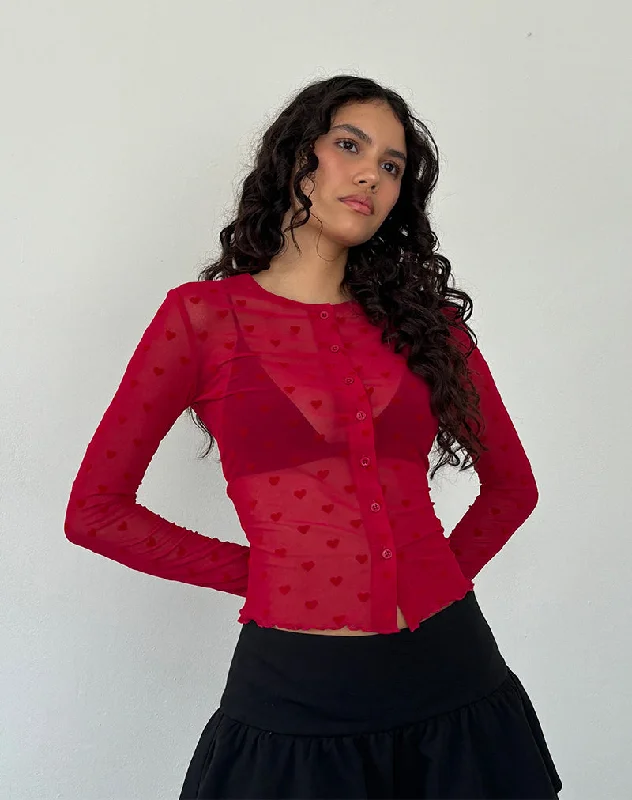 Cropped Women Long Sleeve Top to Pair with High - Waisted BottomsKahula Shirt in Red Heart Flocked Mesh