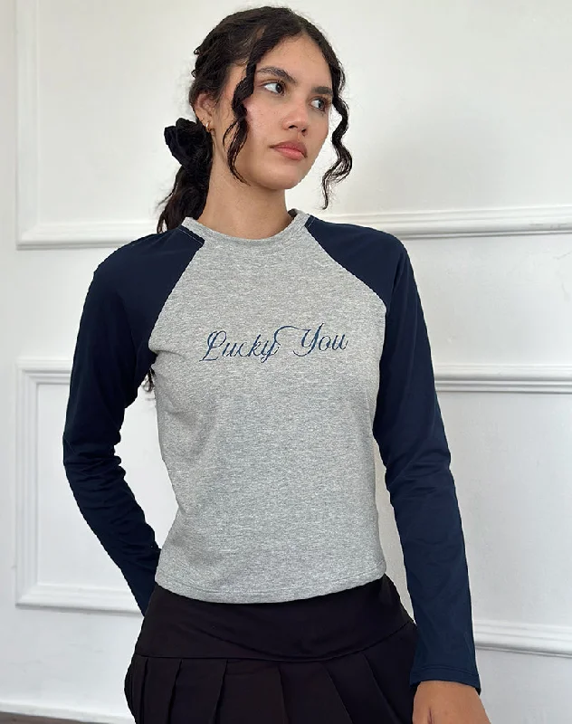 Puffer - Sleeve Women Long Sleeve Top for a Fashion - Forward LookSabani Top in Grey Marl Navy with Lucky You Print