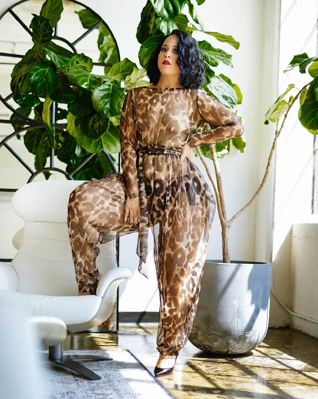 Anti - UV ray cover ups for outdoor summer activitiesLong Sleeved Sheer Leopard Jumpsuit- Jibri