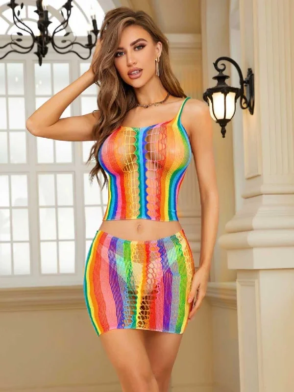 Wrinkle - resistant polyester skirt for travel convenienceRainbow Fishnet Top and Skirt