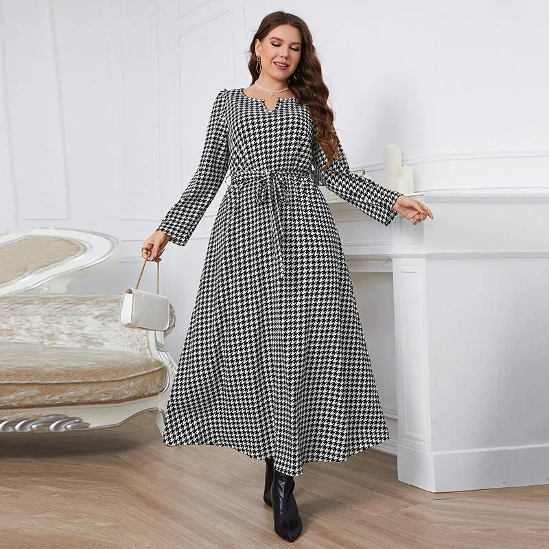 Versatile Long Sleeves Houndstooth Dress