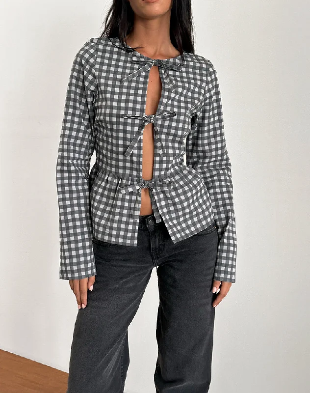 Striped Women Long Sleeve Top in a Timeless PatternBertaria Long Sleeve Top in Tonal Gingham Black and Grey