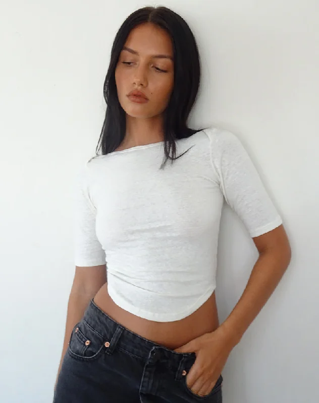 Ruffled Cuff Women Long Sleeve Top with a Feminine TouchRalda Curved Hem Top in Cotton Hemp White