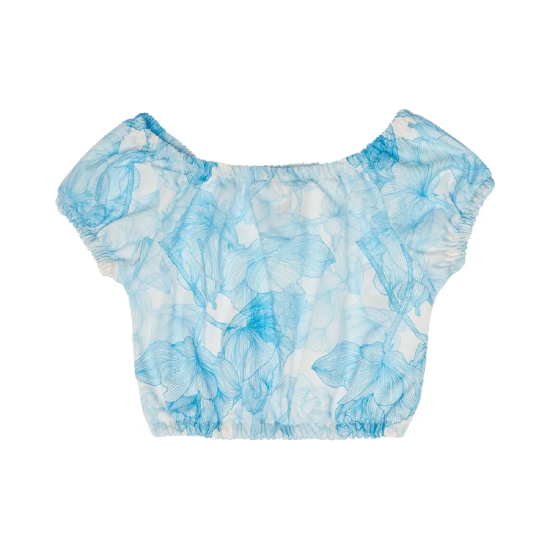 Puff - Sleeve Women's Crop Top in Pastel Green for a Retro and Fashion - Forward OutfitGIRL'S CROP TOP FLOWERS BLUE