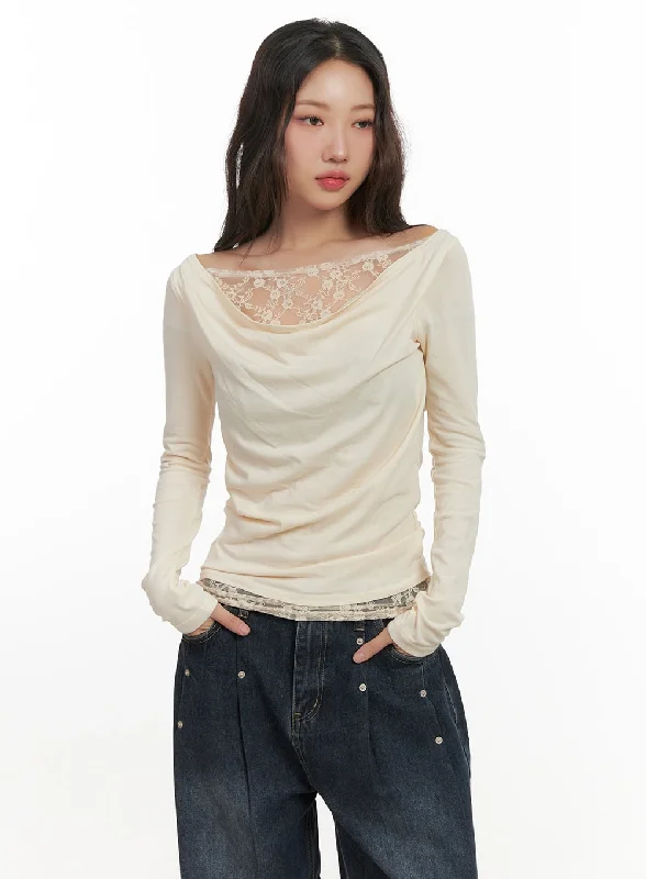 Organic Cotton Women Long Sleeve Top for Eco - Friendly ComfortLace Detail Cowl Neck Top CN426