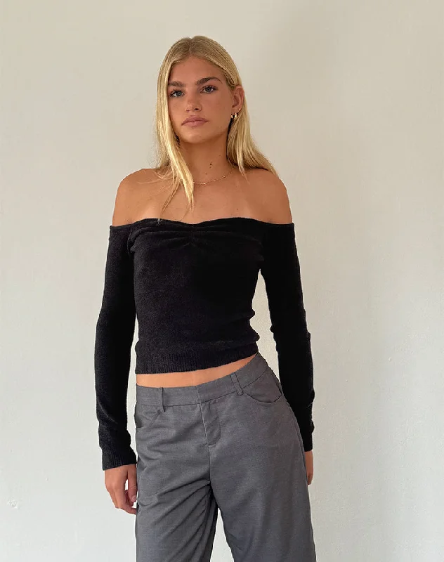 Lace - Trimmed Women Long Sleeve Top for an Elegant LookMakena Bardot Jumper in Brushed Black