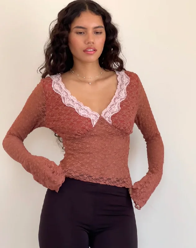 Metallic Accent Women Long Sleeve Top for a Glamorous LookChantal Long Sleeve Lace Top in Withered Rose