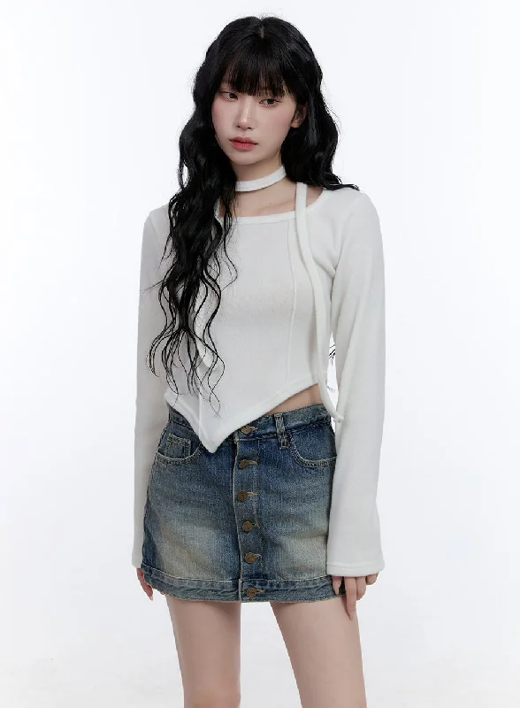 Organic Cotton Women Long Sleeve Top for Eco - Friendly ComfortAsymmetric Scarf Detail Crop Top CD419