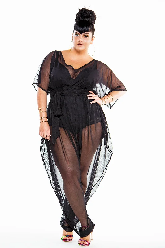 Geometric - pattern cover ups for a modern and trendy appearanceV Neck Sheer Jumpsuit