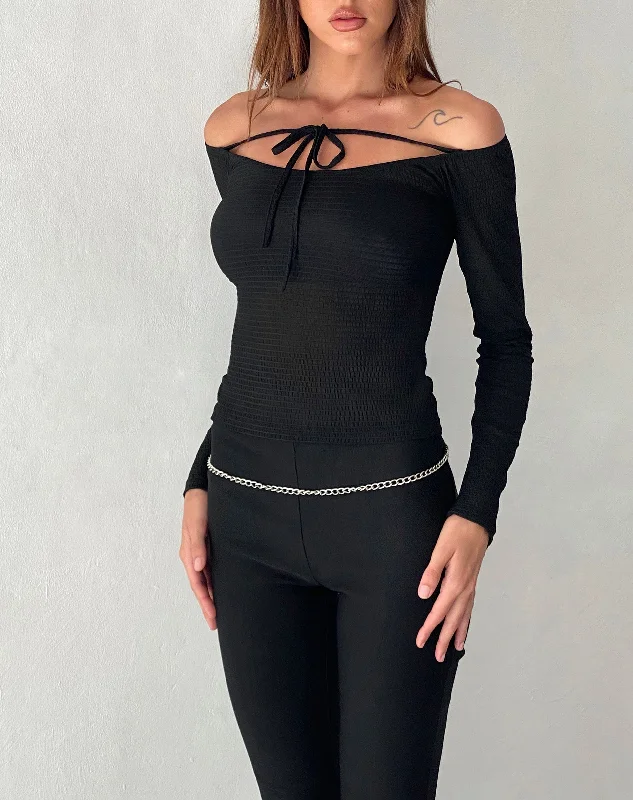 Striped Women Long Sleeve Top in a Timeless PatternAlondra Long Sleeve Tie Front Top in Textured Black