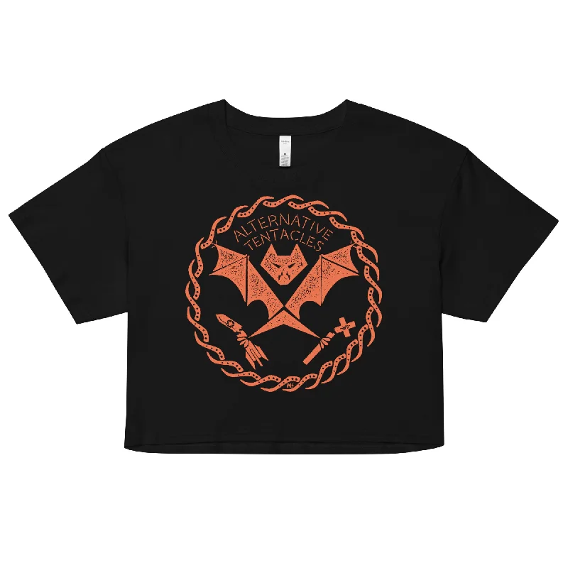 Backless Women's Crop Top in Black for a Sensual and Alluring Evening OutfitOrange Bat Logo - The Cult You Can Trust Black Crop Top