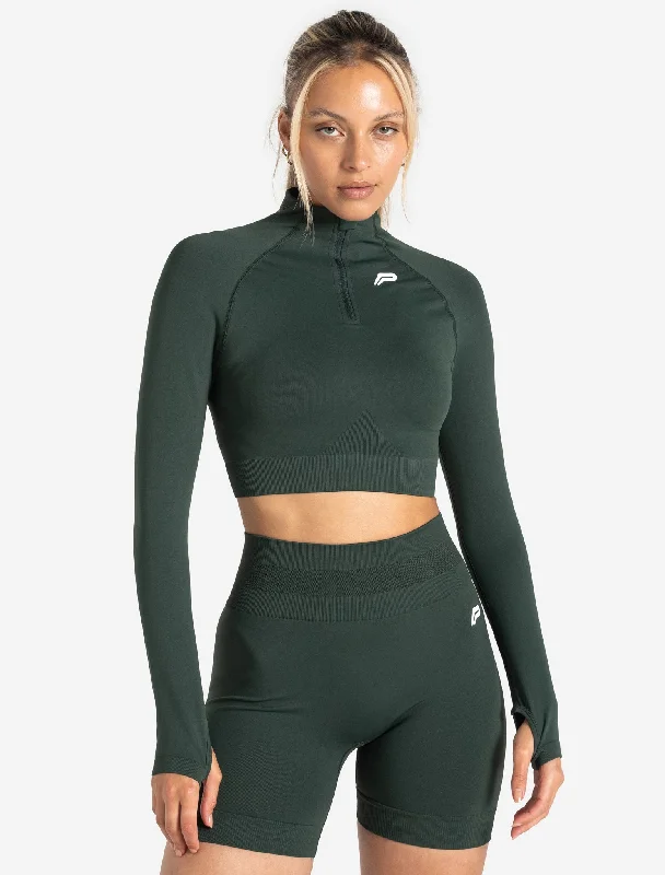 Puff - Sleeve Women's Crop Top in Pastel Green for a Retro and Fashion - Forward OutfitScrunch Seamless Crop 1/2 Zip - Forest Green