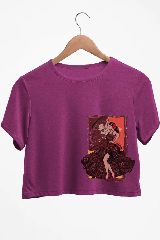 High - Neck Women's Crop Top in Burgundy with Lace Trim for an Elegant and Sophisticated VibeSalsa Dancer Graphic Printed Purple Crop Top