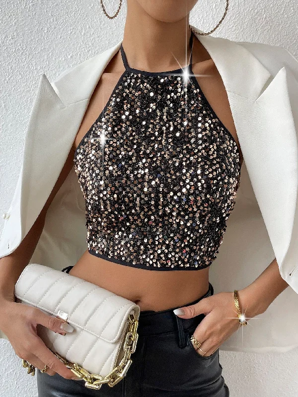 Formal halter top with a sleek silhouette for special occasionsAllurite Open Back Crop Sequins Halter Top, Going Out Top