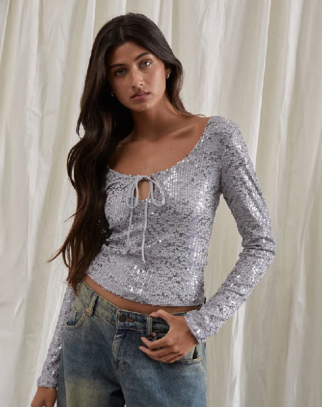 Wrap - Style Women Long Sleeve Top for a Versatile FitMeraga Tie Front Top in Silver Sequin