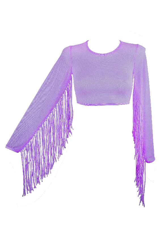 Plus - Size Women's Ruffled Crop Top in Pink for a Feminine and Flirty AppearanceCrop Top Fringe Long Sleeve Mesh T-Shirt / Lilac Rave Top