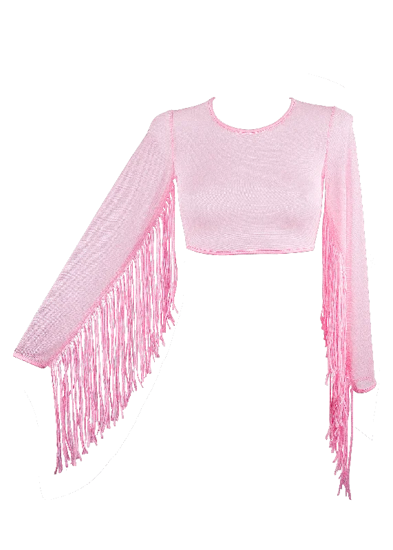 Striped Women's Crop Top in Navy and White for a Nautical and Timeless StyleCrop Top Fringe Long Sleeve Mesh T-Shirt / Baby Pink Rave Top