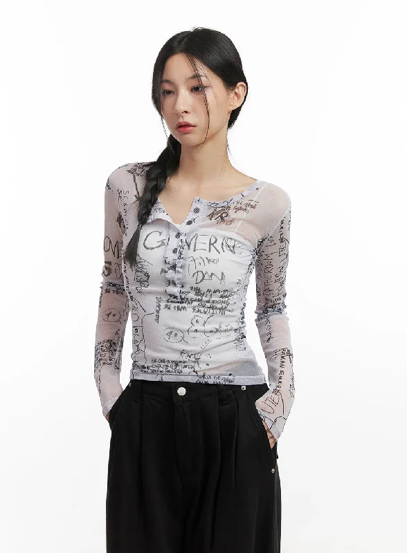 Cropped Women Long Sleeve Top to Pair with High - Waisted BottomsGraphic Sheer Slim-Fit Top CN426