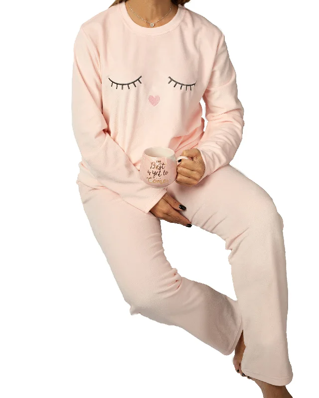 Plus Size Women's Patchwork - Design Jeans for a Unique AppearancePajama Set with Printed Lashes Long Sleeve Top and Plain Pants