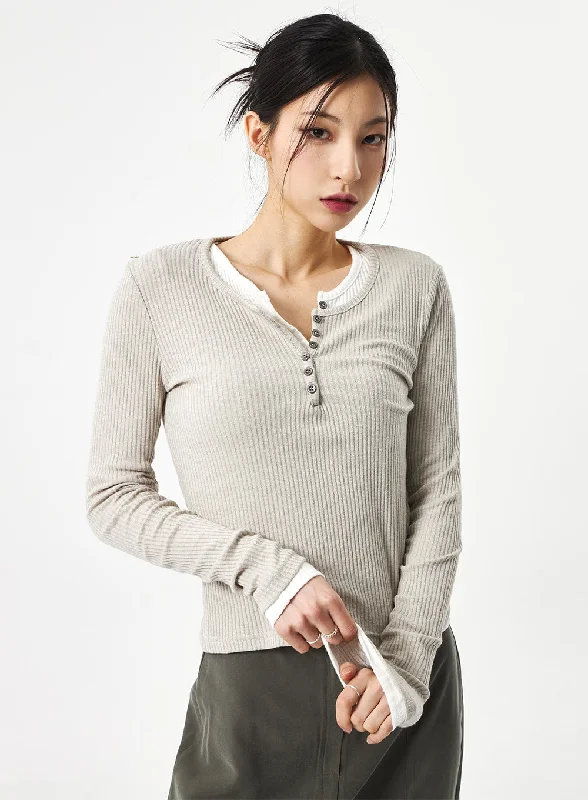 Cable - Knit Women Long Sleeve Top with a Cozy TextureButton Neck Top CA311