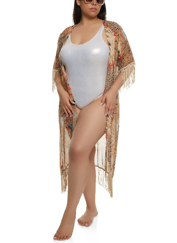 Women's sheer chiffon cover ups for beach partiesPsychedelic Print Fringe Cover Up Kimono