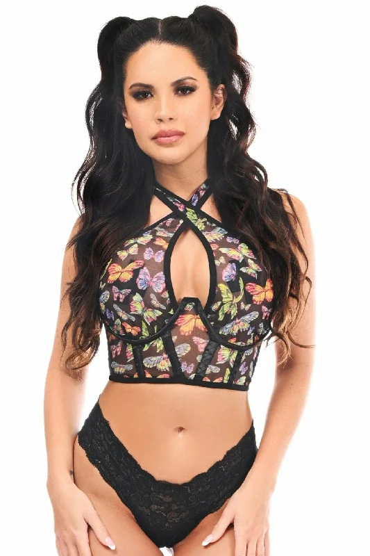 Thermal - lined halter top for cold - weather activitiesSexy Multi Butterflies Mesh Underwire Cincher with Built In Halter Top