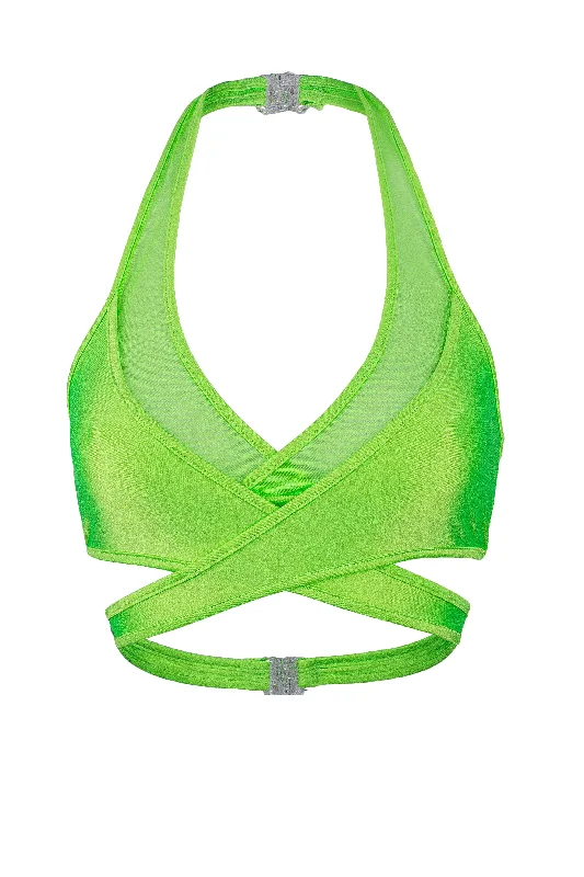 Metallic - Finish Women's Crop Top in Silver for a Futuristic and Eye - Catching LookCross-Over Halter Crop top / X-CROSS TOP / NEON LIME