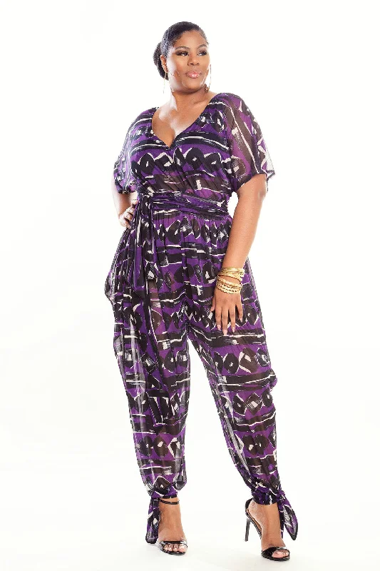 Printed sarong - style cover ups for a tropical vacation lookPlum Tribal Sheer Poolside Jumpsuit