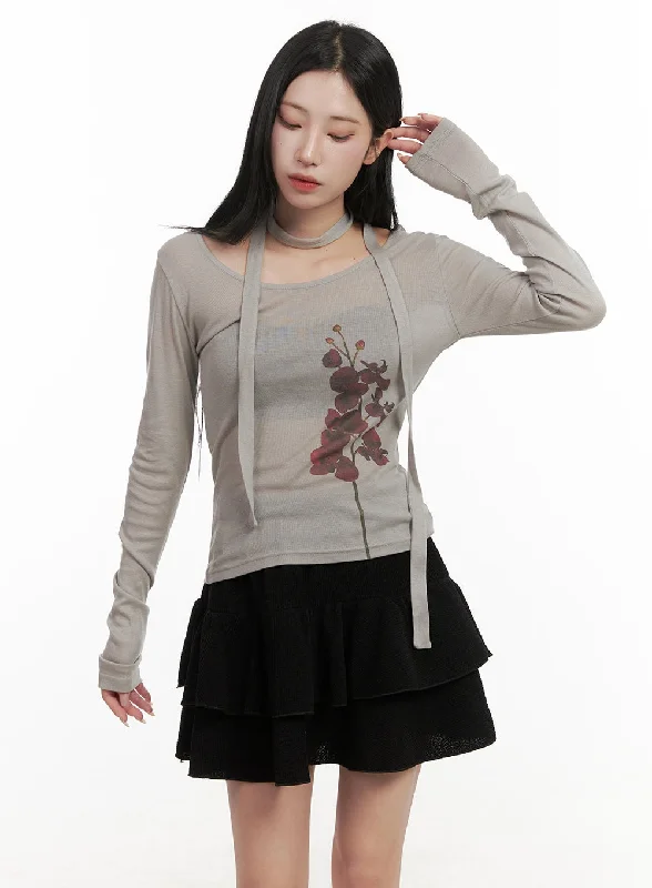 Metallic Accent Women Long Sleeve Top for a Glamorous LookSheer Graphic Flower Top & Scarf CD404