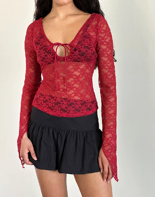 Plus Size Women Long Sleeve Top for a Flattering and Comfortable FitNatasha Tie Front Top in Mari Lace Red