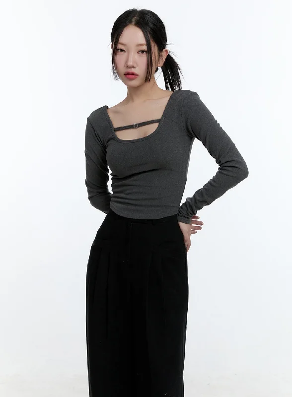 Pocket - Equipped Women Long Sleeve Top for Added FunctionalityU Neck Solid Crop Tee CD420