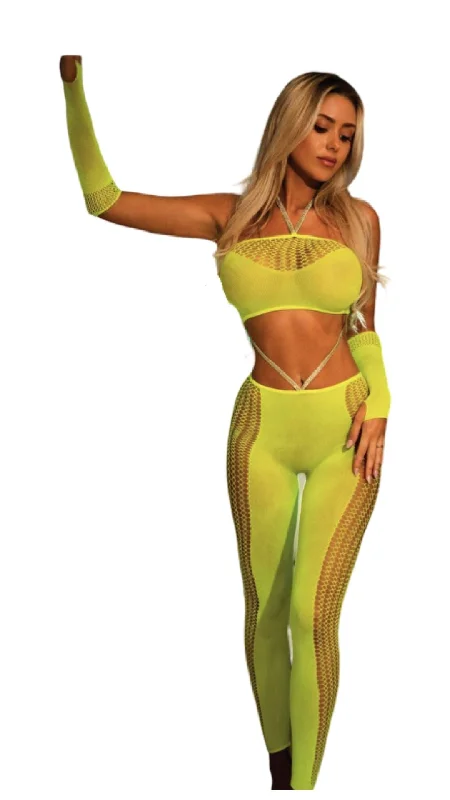 Wide - Leg Women's Chiffon Palazzo Pants for a Flowy AppealSilver Sparkle Halter and Matching Pants Neon Yellow