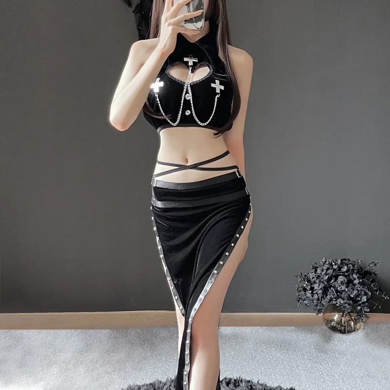 Moisture - wicking performance skirt for outdoor workoutsYomorio High Slit Skirt Set 2 Piece Exotic Devil Cosplay Costume Cut Out Crop Top and Skirt