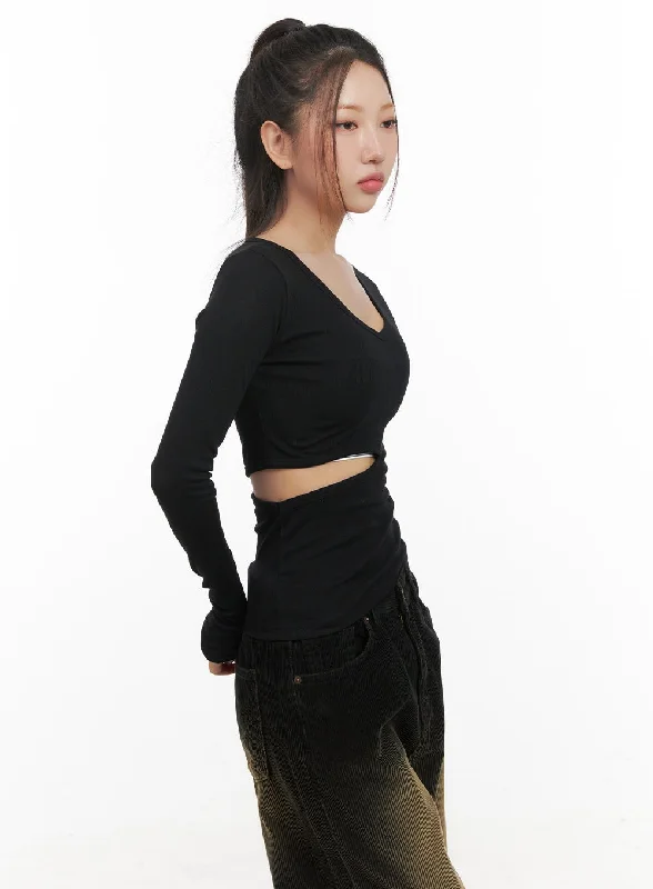 Pocket - Equipped Women Long Sleeve Top for Added FunctionalityV-Neck Cut-Out Top CD416