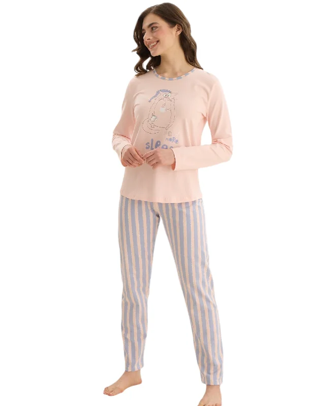 Palazzo Style Women's Printed Trousers in Bohemian PatternsLong Striped Pants & Printed Long Sleeve Top Sleepwear Set