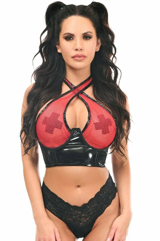 Antibacterial halter top for fitness enthusiastsSexy Red with Black Vinyl & Fishnet Halter Top Underwire Cincher