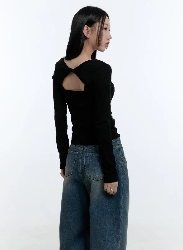 Lightweight Women Long Sleeve Top for Spring and AutumnTwist Back Cut-Out Crop Top CD424