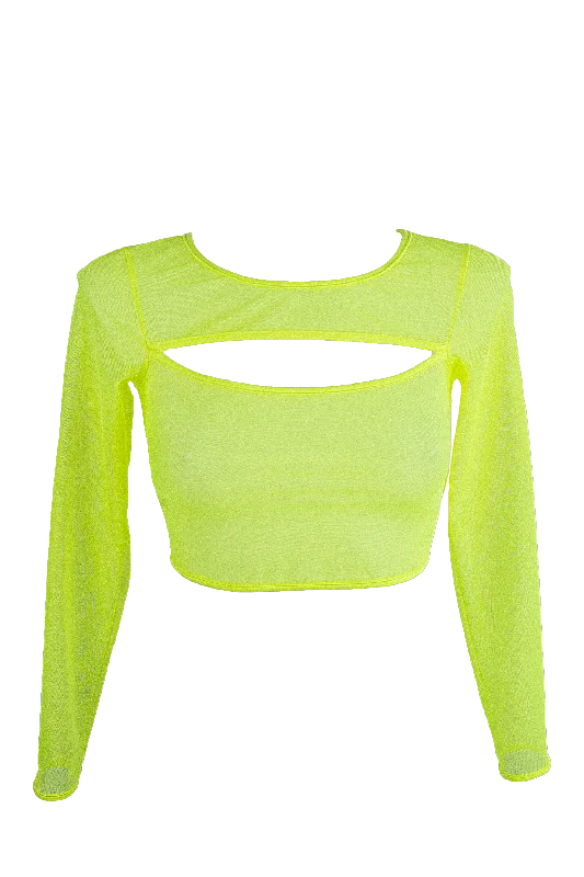 Sleeveless Women's Linen Crop Top in Natural for a Breathable and Casual Summer StyleCrop Top Slit front Long sleeve Mesh T-Shirt / NEON YELLOW NAUTICA