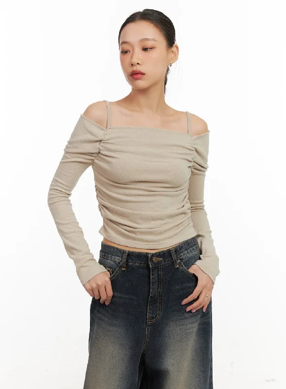 Thermal Women Long Sleeve Top for Extra Warmth in WinterShirred Off Shoulder Crop Top CD410