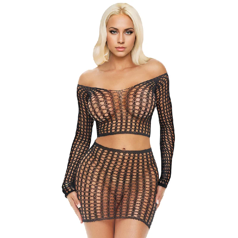 Zip - off skirt - and - shorts combination for changing activitiesLong Sleeve Fishnet Crop Top & Mini Skirt Set