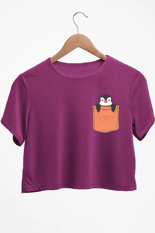 Sustainable Organic Cotton Women's Crop Top in Khaki for an Eco - Friendly ChoicePocket Penguin Graphic Printed Purple Crop Top