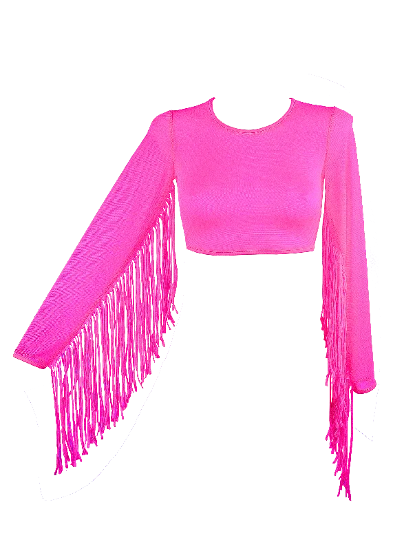 Sequin - Embellished Women's Crop Top in Black for a Glamorous Party LookCrop Top Fringe Long Sleeve Mesh T-Shirt / Neon Pink Rave Top