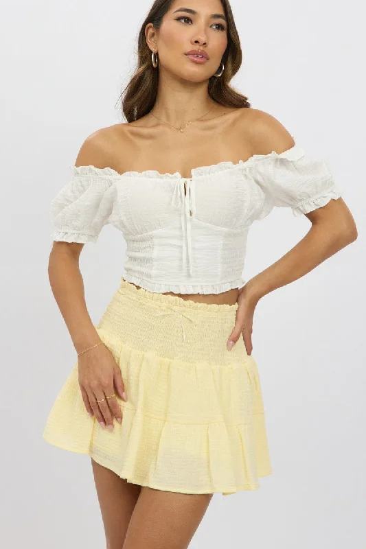 Skirts with a ruched design Yellow Mini Skort Skirt Shirred Waist Cotton Textured Lined Skirts with a ruched design Yellow Mini Skort Skirt Shirred Waist Cotton Textured Lined