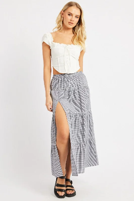 Skirts with a tassel trim Black Check Tiered Maxi Slit Skirt