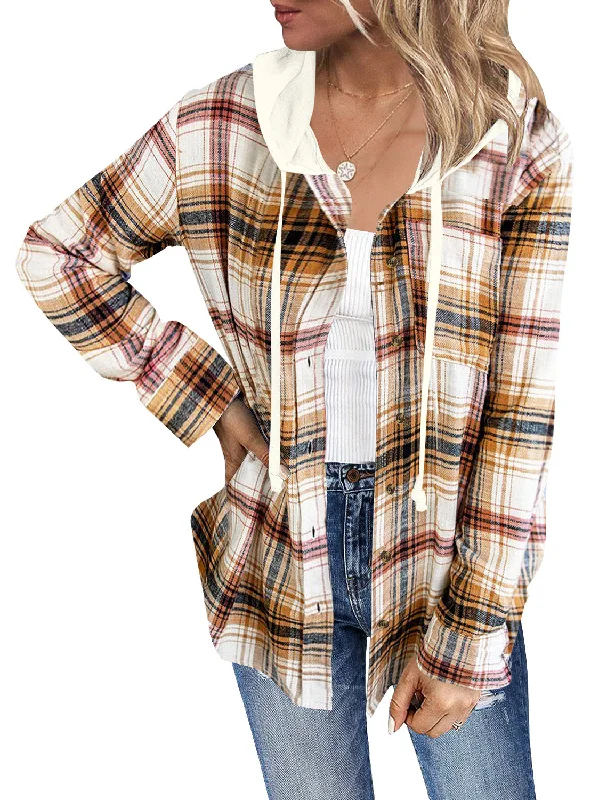 Women Long Sleeve Plaid Hoodie Button Down Blouse Loose Shacket Jacket