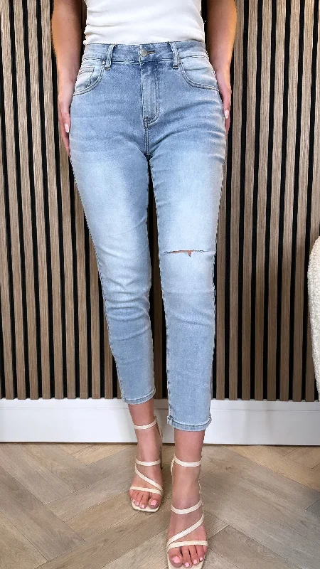 Straight - leg women jeans with a classic and timeless appealKeke Light Blue Ripped Knee Boyfriend Jeans