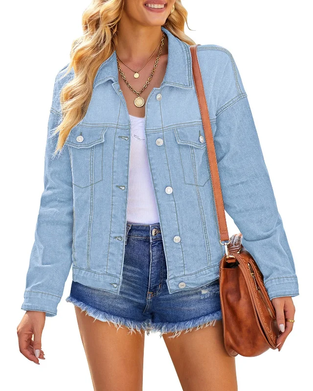 Jean Jacket for Women Stretchy Oversized Boyfriend Denim Trucker Jackets Distressed Shacket